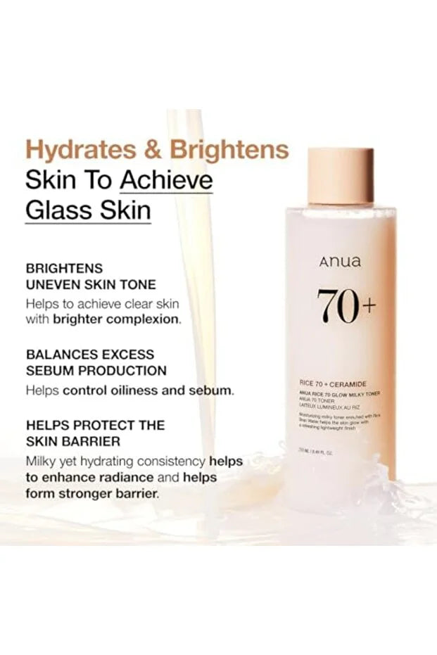 ANUA Rice 70 Glow Milky Toner, for Glass Skin, Rice Water, Niacinamide, Ceramides, Panthenol