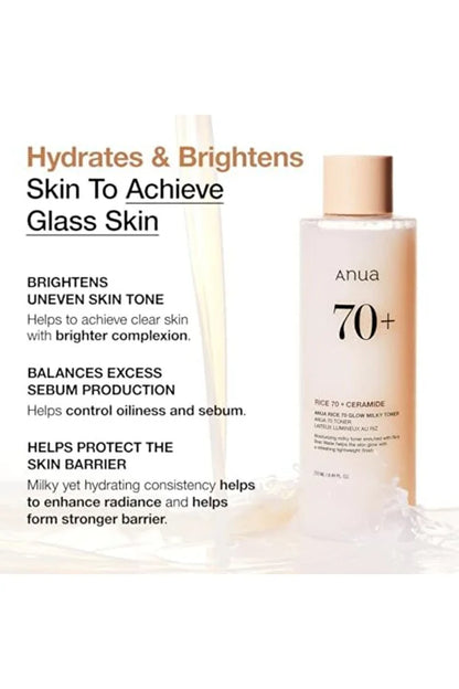 ANUA Rice 70 Glow Milky Toner, for Glass Skin, Rice Water, Niacinamide, Ceramides, Panthenol